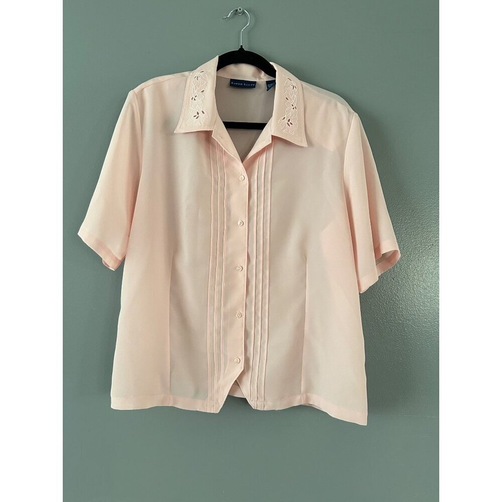 PINK Button Down BLOUSE SZ L Button Down collard top barbiecore VTG cottagecore